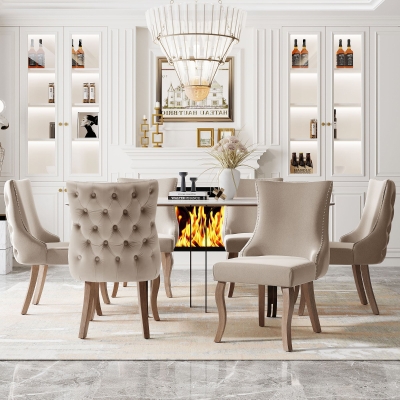 Ensemble de 6 rembourrés Chaises de salle à manger hors de velours avec Détails boutons et rivets métalliques, Beige