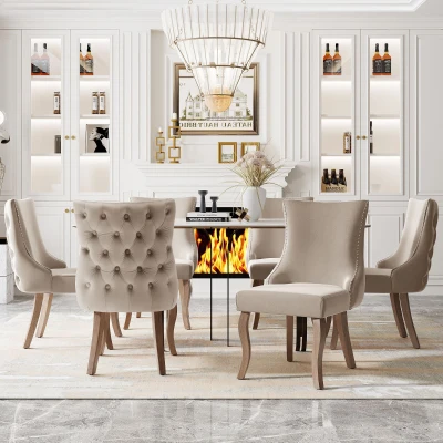 Ensemble de 6 rembourrés Chaises de salle à manger hors de velours avec Détails boutons et rivets métalliques, Beige