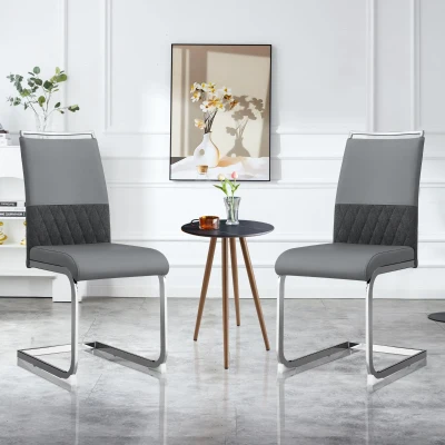 Ensemble de 6 chaises de salle à manger modernes et ergonomiques avec dossier haut en PU et lin rembourré, design pour cuisine et bureau, Gris