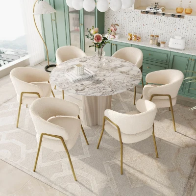 Ensemble de 6 modernes et confortables Chaises de salle à manger, rembourrées avec Velours d'agneau et doré Pieds, Blanc