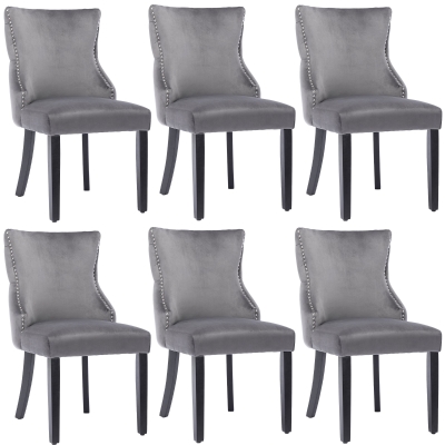 Set aus 6 gepolsterten Esszimmerstühlen mit Knopfheftung und Metallnieten, Samtoptik, Grau