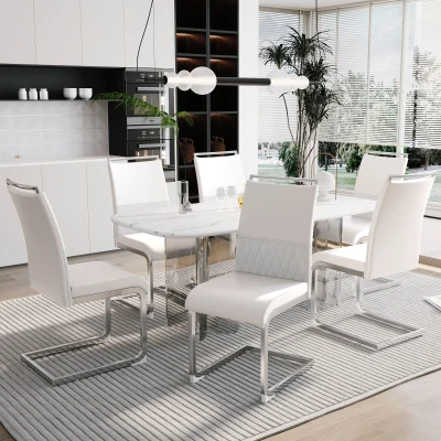 Set aus 6 modernen und ergonomischen Esszimmerstühlen mit hoher Rückenlehne aus Kunstleder und Stoff in Leinenoptik, Weiß