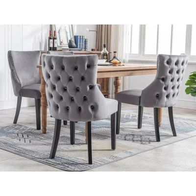 Set aus 4 gepolsterten Esszimmerstühlen mit Knopfheftung und Metallnieten, Samtoptik, Grau