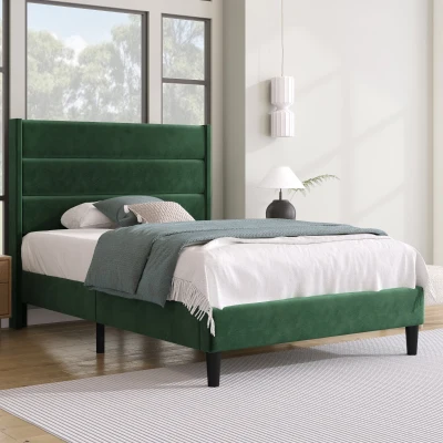 Lit simple avec Sommier et tête de lit au Design Moderne en Tissu Velouté, Vert