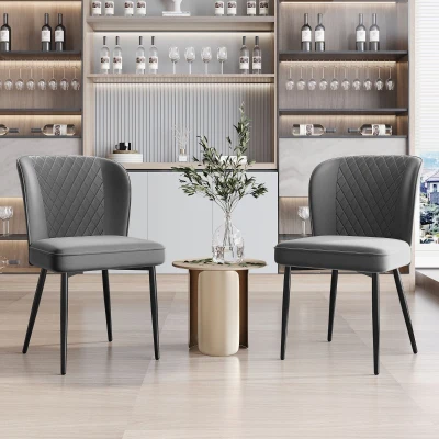 Set aus 2 gepolsterten Esszimmerstühlen in Samtoptik mit Rückenlehne und Metallrahmen, Grau