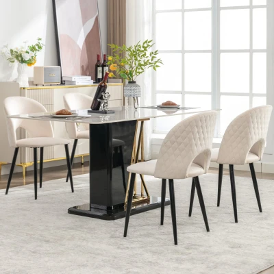 Ensemble de 4 rembourrés Chaises de salle à manger hors de velours avec diamanté Dossier et structure en métal, Beige