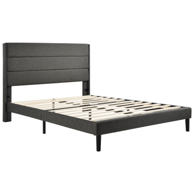 Doppelbett mit Lattenrost und Kopfteil, Bezug in Leinenoptik, modernes Design, ohne Matratze, 140x200 cm, Dunkelgrau