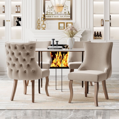 Ensemble de 4 rembourrés Chaises de salle à manger hors de velours avec Détails boutons et rivets métalliques, Beige
