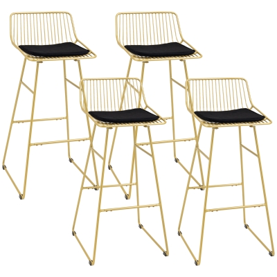 HOMCOM Lot 4 Chaises Bar Acier Doré Coussin Noir Repose-Pieds