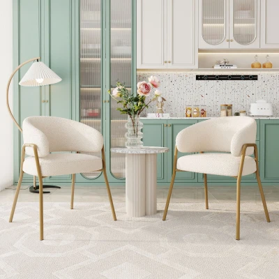 Ensemble de 2 rembourrés Chaises de salle à manger dans le conception moderne en tissu de sherpa avec doré Pieds, Blanc