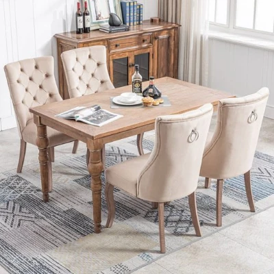 Set aus 4 gepolsterten Esszimmerstühlen mit Knopfheftung, Samtoptik, Beige