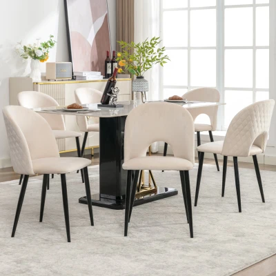 Set aus 6 gepolsterten Esszimmerstühlen in Samtoptik, Rückenlehne mit Diamantmuster, Metallrahmen, Beige