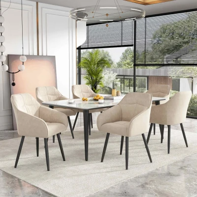 Ensemble de 6 rembourrés Chaises de salle à manger hors de velours avec Accoudoirs, Beige