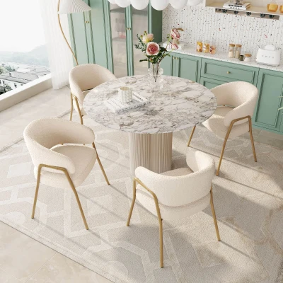 Ensemble de 4 modernes et confortables Chaises de salle à manger en tissu de sherpa avec doré Pieds, Blanc