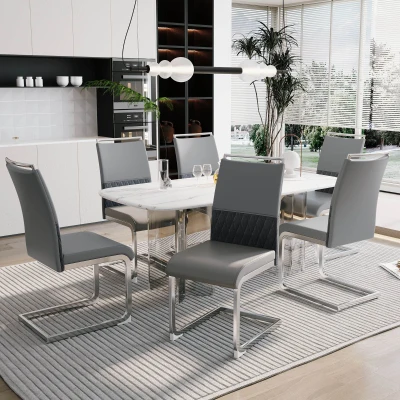 Set aus 6 modernen und ergonomischen Esszimmerstühlen mit hoher Rückenlehne aus Kunstleder und Stoff in Leinenoptik, Grau