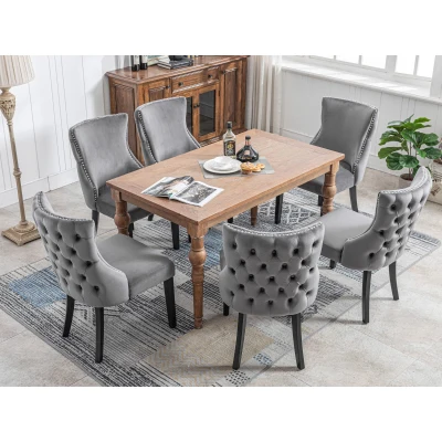Set aus 6 gepolsterten Esszimmerstühlen mit Knopfheftung und Metallnieten, Samtoptik, Grau