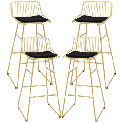 HOMCOM Lot 4 Chaises Bar Acier Doré Coussin Noir Repose-Pieds