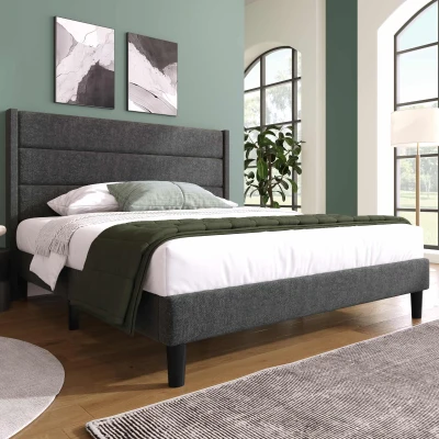 Letto Matrimoniale, Tessuto in Lino, 140 x 200 cm, Grigio Scuro