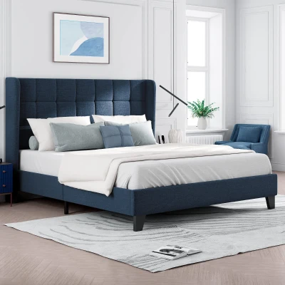 Letto Matrimoniale, Design elegante in lino, senza Materasso, 140x200 cm, Blu