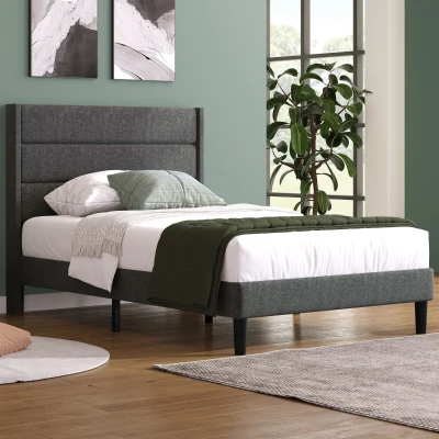 Letto Singolo, Tessuto in Lino, 90 x 200 cm, Grigio Scuro