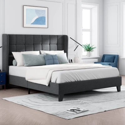 Letto matrimoniale, Design elegante in lino, senza Materasso, 140x200 cm, Grigio