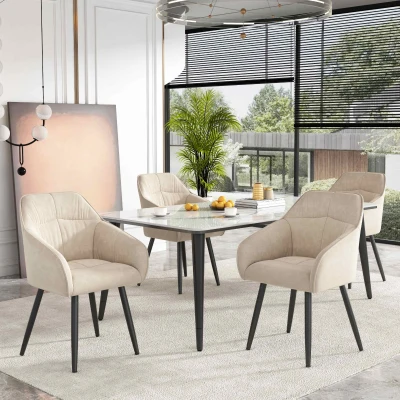 Set aus 4 eleganten und modernen Esszimmerstühlen mit Armlehnen und Rückenlehne, Polsterung mit Bezug in Samtoptik, Beige