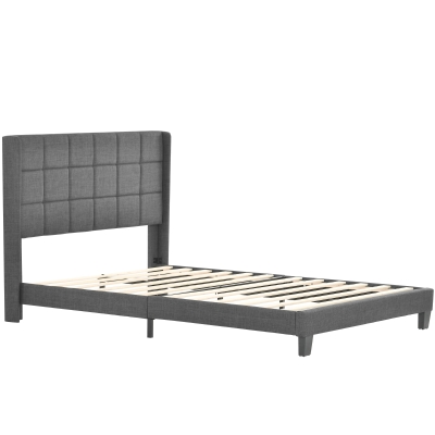 Doppelbett mit gepolstertem Kopfteil und Lattenrost, Leinenoptik, 140x200 cm, mit Federkernmatratze, Grau