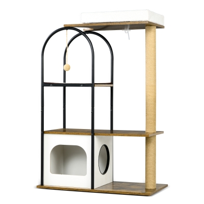 PawHut Drapak, 4 poziomy, domek dla kota, piłka, zabezpieczenie przed przewróceniem, 80x40x118,5 cm, Brąz/Biały