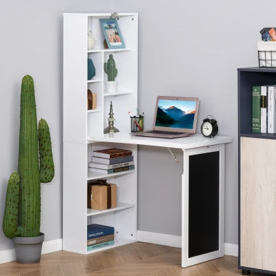 HOMCOM Scrivania Moderna Pieghevole con Libreria e Lavagna Bianco