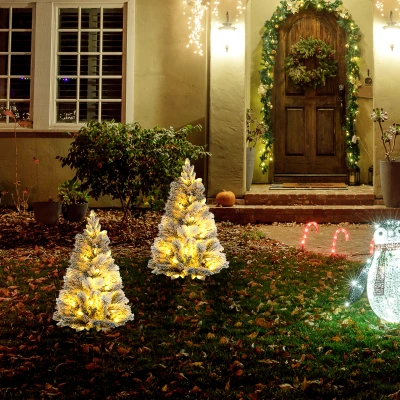 HOMCOM Sztuczna Choinka 90 cm z LED Światełkami, Ognioodporna, na Metalowej Podstawie, Zielony+Biały