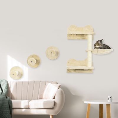 PawHut Conjunto de Prateleiras de Parede para Gatos de 4 Peças com 3 Postes de Sisal Rede e 1 Plataforma para Saltar de 3 Níveis Bege