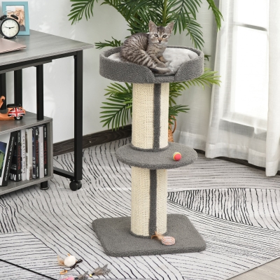 PawHut Arranhador para Gatos Altura 91 cm de 3 Níveis com Ninho Plataforma e Poste de Sisal 45x45x91 cm Cinza