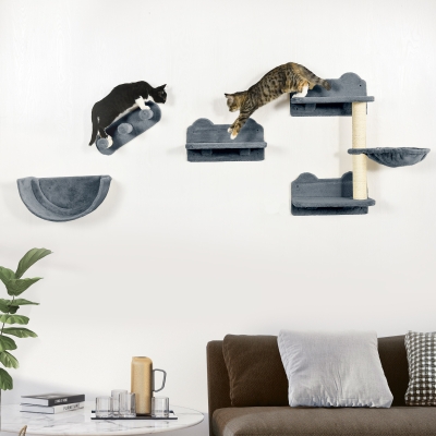 PawHut Prateleiras de Parede para Gatos 4 Peças com Rede Plataforma Semicircular Plataformas de Salto e Poste de Sisal Cinza