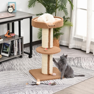 PawHut Arranhador para Gatos Altura 91 cm de 3 Níveis com Ninho Plataforma e Poste de Sisal 45x45x91 cm Marrom Claro