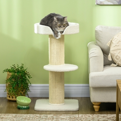 PawHut Arranhador para Gatos Altura 91 cm de 3 Níveis com Ninho Plataforma e Poste de Sisal 45x45x91 cm Creme