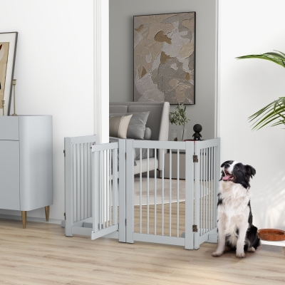 PawHut Wolnostojąca Bramka dla Psa, 4 Panele, Elastyczna, Drewno Sosnowe, 204Dł x 36S x 75W cm, Jasnoszary