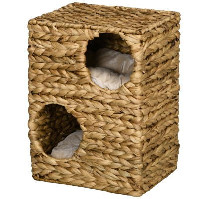 PawHut 2-laags Kattenhuis met 2 Slaapgrotten, Wasbare Kussens, Waterhyacint, 40x31x55 cm, Lichtbruin