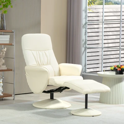 HOMCOM Poltrona Relax com Apoio para os Pés Estofada em PU  Reclinável até 145° e Giratório 360° com Encosto Ajustável 81x81x105cm Creme