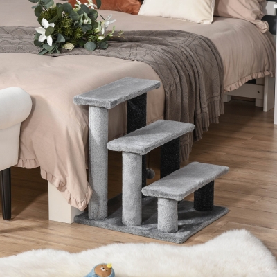 PawHut Escada para Animais de Estimação Escada para Gatos de 3 Degraus com Poste de Arranhar Bola 45x40x48 cm Cinza