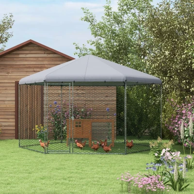 PawHut Galinheiro Grande de Exterior em Aço 400x346x263 cm Estrutura Hexagonal Coberta com Tecido Oxford Prata