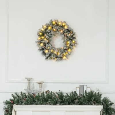 HOMCOM Kerstkrans met LED-Verlichting, Rode Bessen, Realistische Uitstraling, Ø60 x 10 cm, Groen