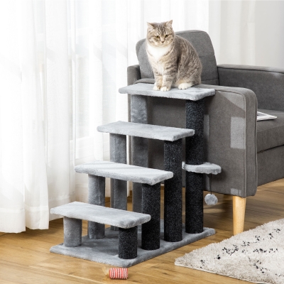 PawHut Escada para Animais de Estimação Escada para Gatos de 4 Degraus com Poste de Arranhar Bola 45x40x68 cm Cinza