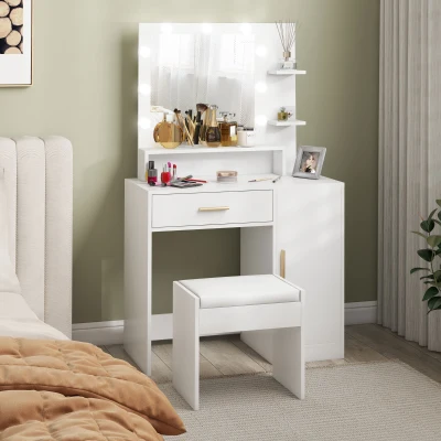 HOMCOM Toucador de Maquilhagem com Banco Mesa de Maquilhagem com Espelho LED Gavetas Prateleira Ajustável e Prateleiras Abertas Branco