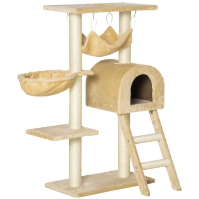PawHut Árvore para Gatos Arranhador com Poste Ninho Cesta Rede Plataforma Casa e Escada de Veludo e Sisal Natural 54×29,5×98 cm Bege