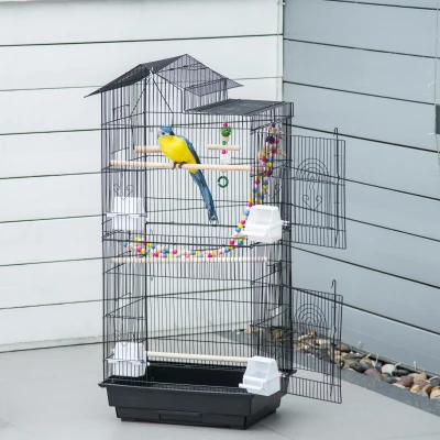PawHut Gaiola para Passáros Gaiola de Metal com Múltiplas Portas 4 Comedouros 3 Poleiros Baloiço Escadas e Bandeja Removível para Periquitos Canários 46x36x100cm Preto