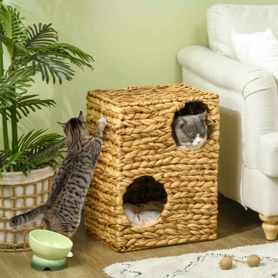 PawHut 2-laags Kattenhuis met 2 Slaapgrotten, Wasbare Kussens, Waterhyacint, 40x31x55 cm, Lichtbruin