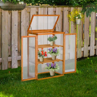 Outsunny Estufa de Jardim Estufa de Madeira e Painéis de Policarbonato com 3 Prateleiras Tampa e Portas para Plantas e Cultivos 76x47x110cm Madeira Natural