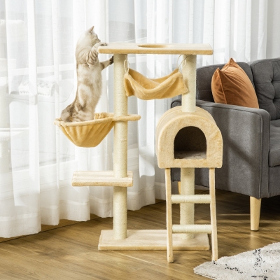 PawHut Árvore para Gatos Arranhador com Poste Ninho Cesta Rede Plataforma Casa e Escada de Veludo e Sisal Natural 54x29,5x98 cm Bege