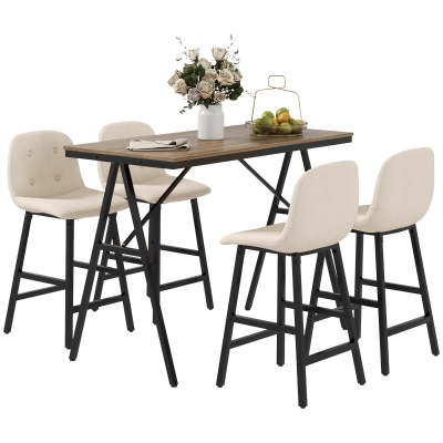HOMCOM 5-delige Bargarnituur, Tafel en 4 Stoelen, Knoopstiksel, Dikke Bekleding, Linnenlook, Beige