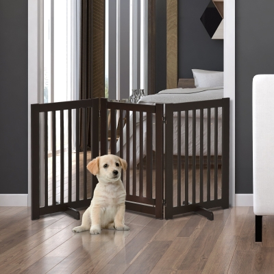 PawHut Barreira para Cães de Madeira Barreira para Animais de Estimação Dobrável de 3 Painéis com 1 Porta e Pés de Apoio 155x35,5x76 cm Marrom Escuro